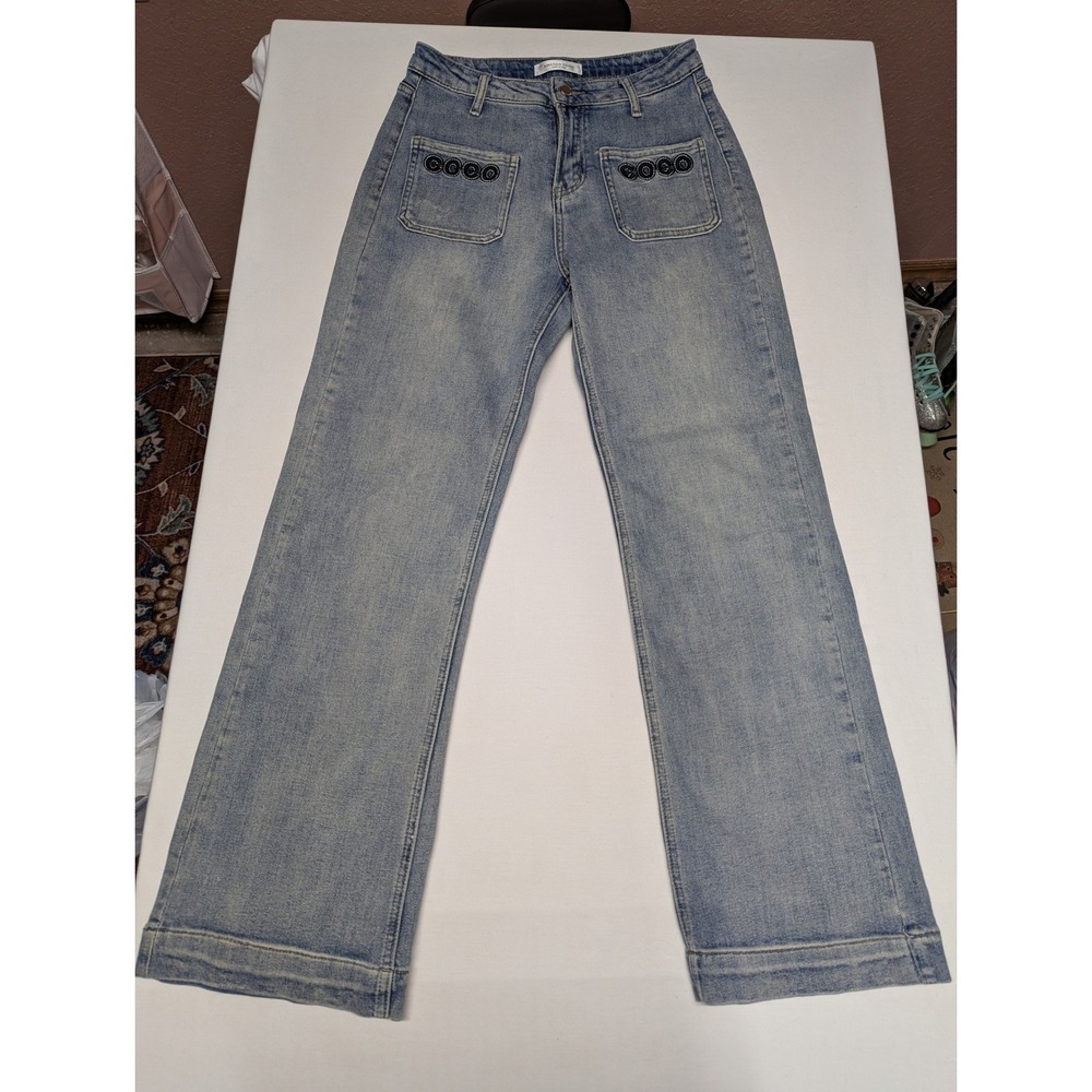 Amanda Coco Made in Italy Wide Leg Jeans Light Wash COCO Patch Pockets Womens 28